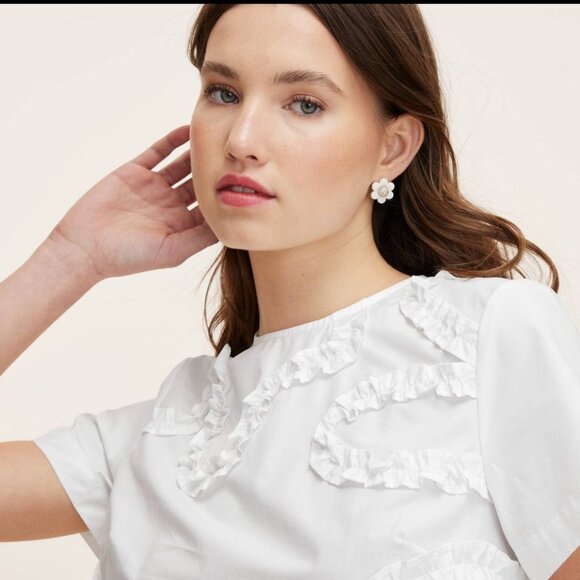 New Kate Spade Ribbon Short Sleeve Blouse Top Crew Ruffle Target White Cotton - Picture 2 of 4